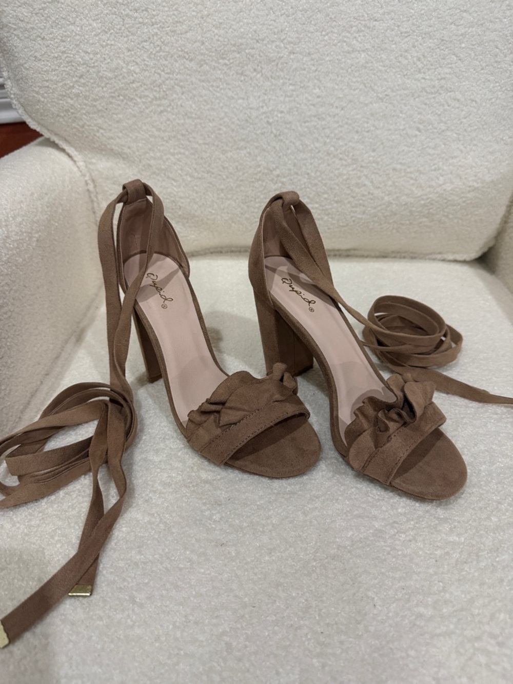 Qupid Brown Suede Ruffle Lace-Up Block Heel Sandals